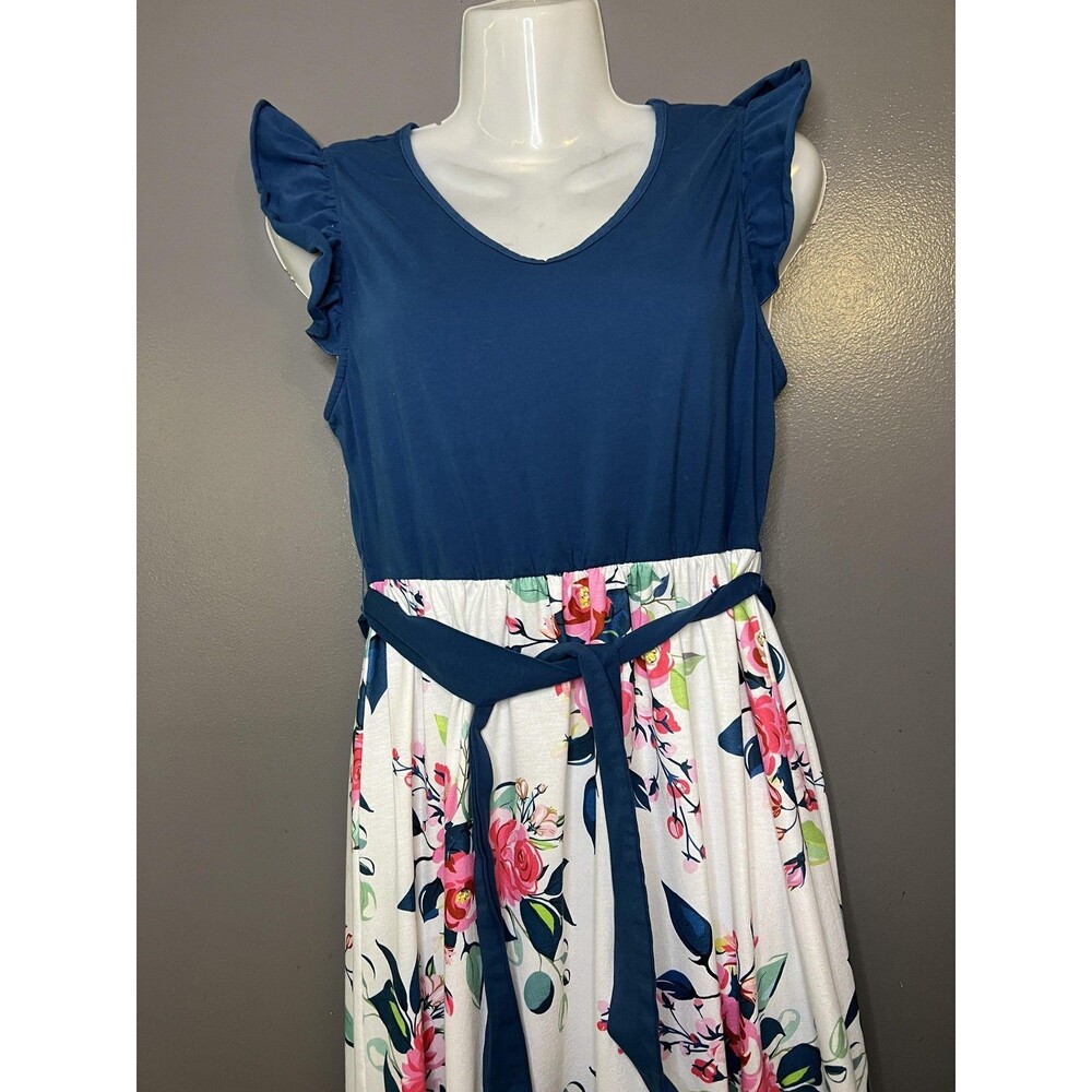 PatPat Dress Womens Medium Blue Floral Belted Fit & Flare Maxi Boho Flutter